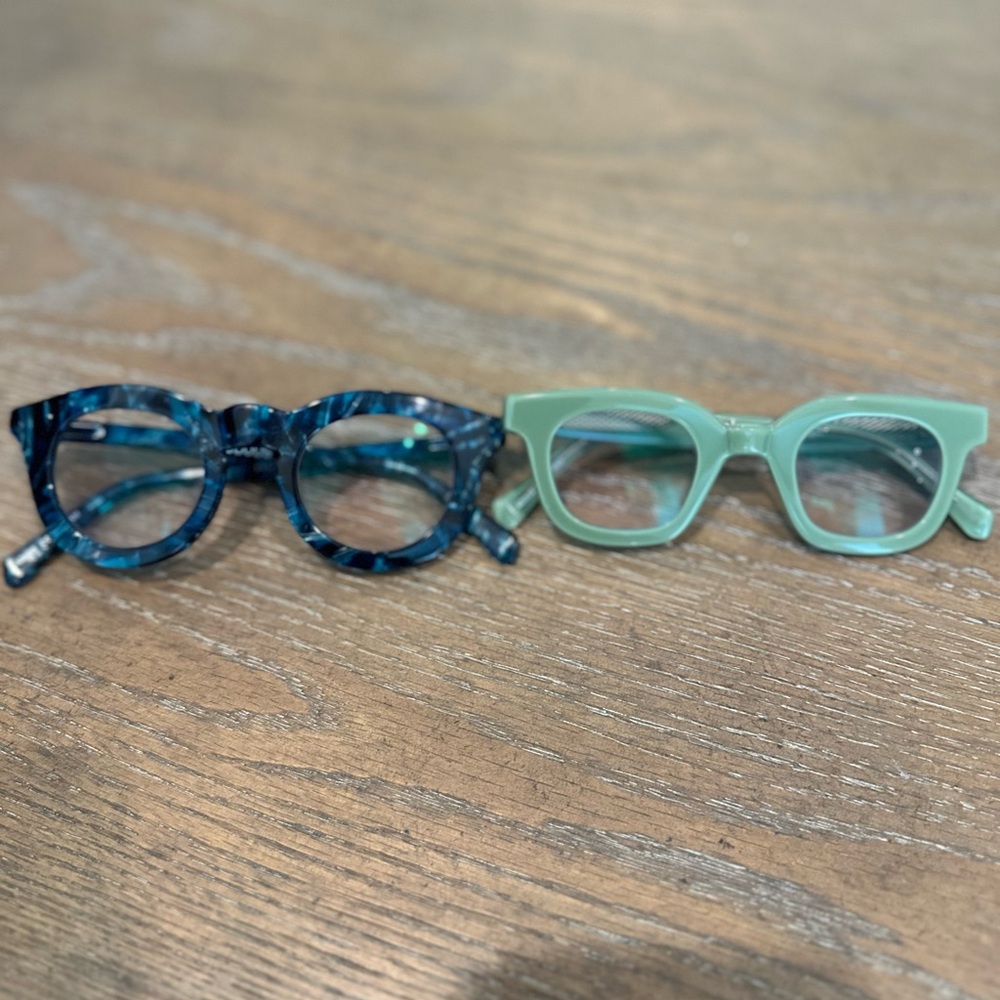 Eyebobs Readers.  Green pair are 2.0 and blue pair are 1.5